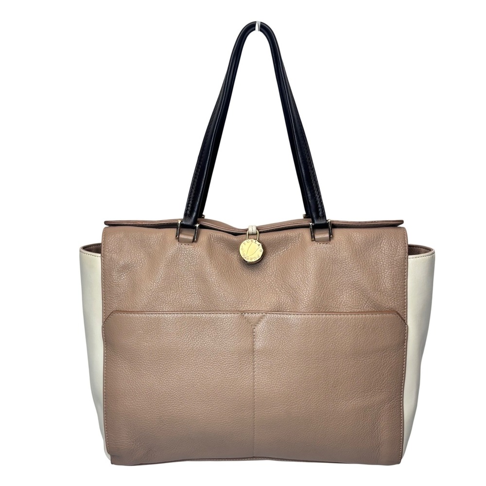 Furla Pebbled Leather Satchel Shoulder Tote Bag Tan Colorblock Neutral Large